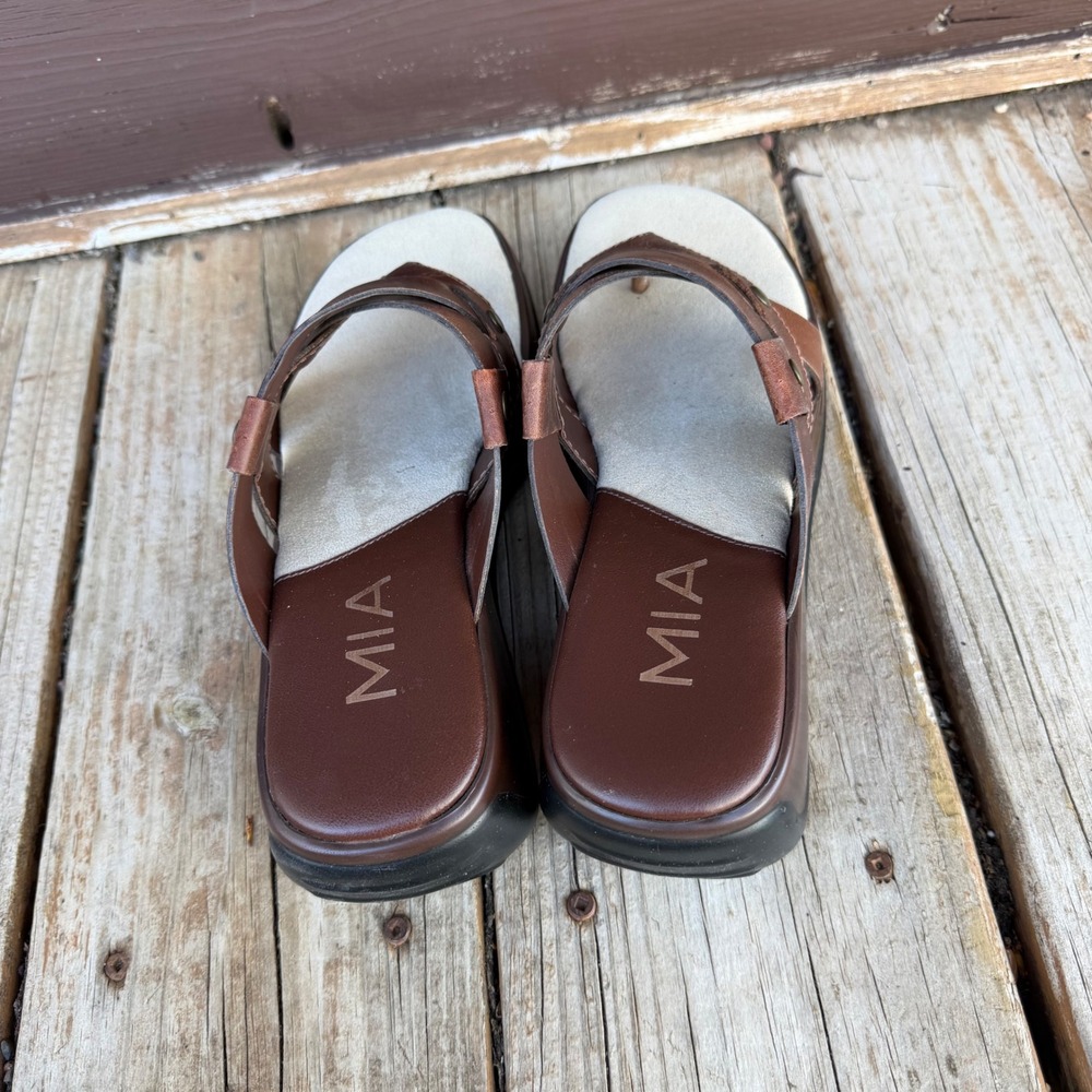 Vintage MIA Platform Wedge Sandals Brown Leather Strappy Thong Sz 7 Brazil Y2K - Picture 6 of 8